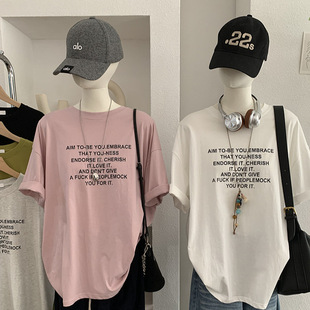 实拍 英文字母印花百搭宽松中长款圆领短袖T恤新品休闲上衣批发