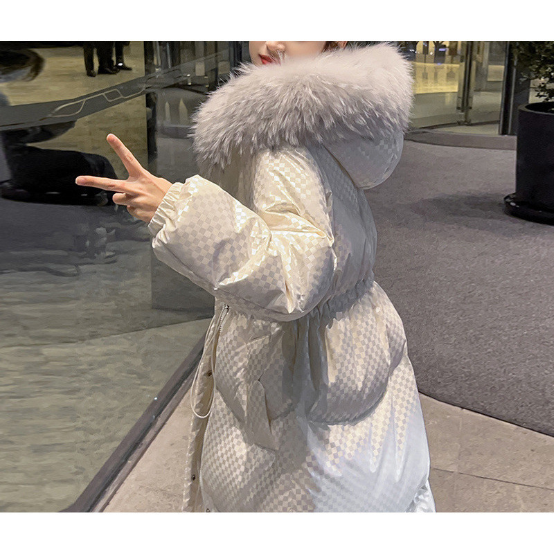 大毛领白色羽绒服女中长款加厚2025冬季新款冬时尚宽松连帽白鸭绒