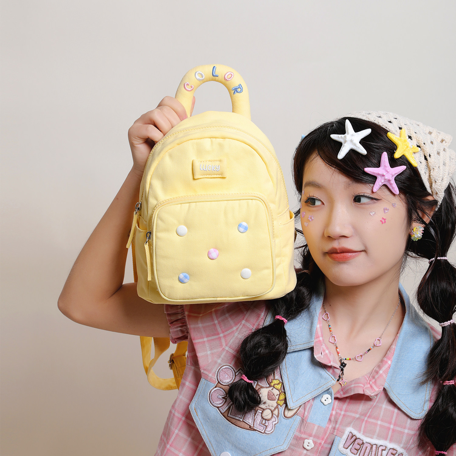 遇后帆布包原创糖豆格子包多巴胺背包小型双肩包小众少女迷你书包