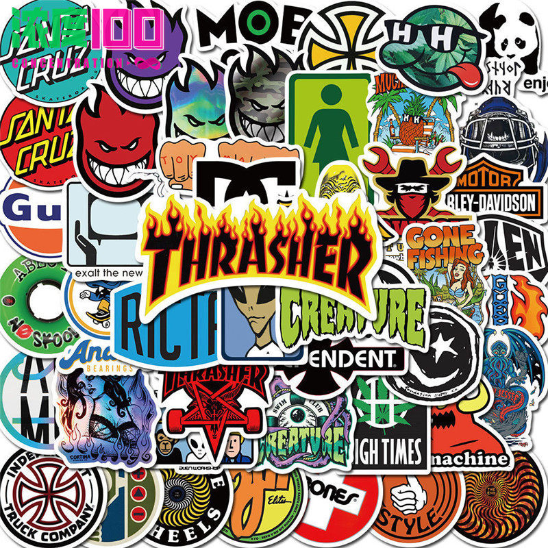50张滑板品牌logo贴纸电动车头盔笔记本电脑行李箱拉杆箱防水贴画