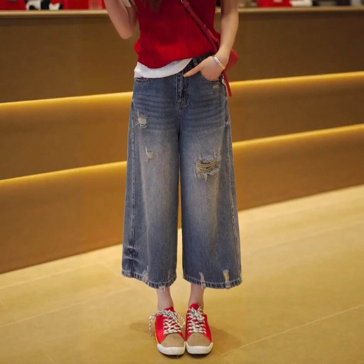 2026新款夏季薄款破洞宽松阔腿牛仔裤女大码胖mm显瘦小个子直筒裤