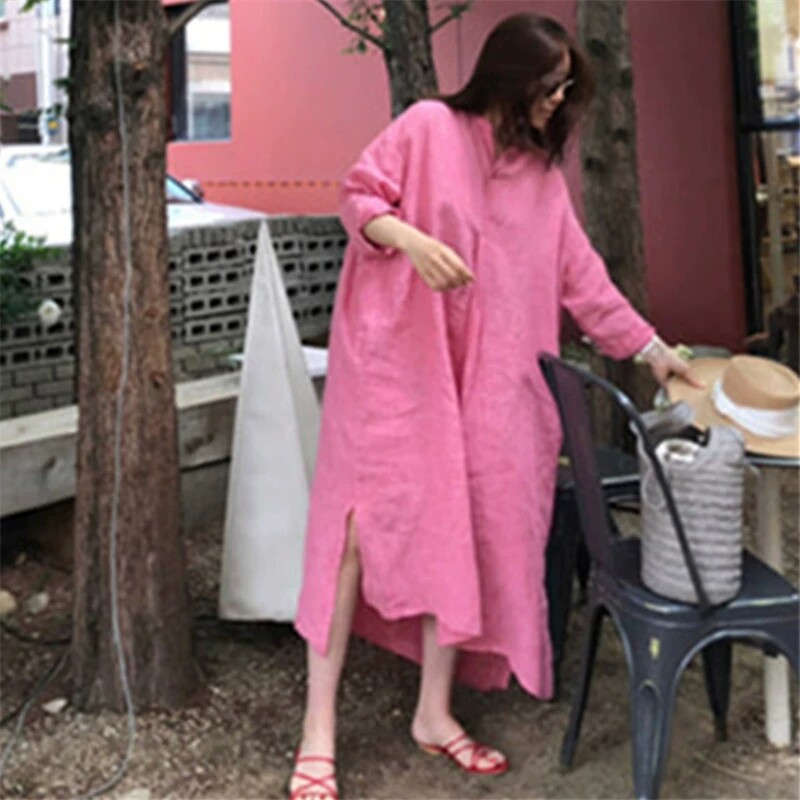 胖MM宽松棉麻连衣裙过膝长款打底衬衫大码显瘦森女系复古亚麻裙