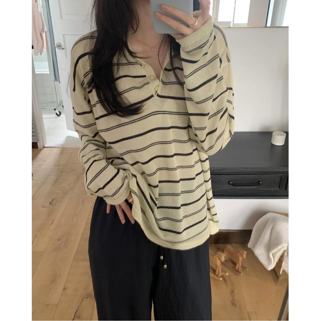 韩风ins复古撞色条纹polo领防晒针织衫女宽松休闲慵懒感上衣秋季