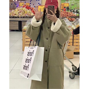 韩国chic2026冬季羊羔毛拼色正反两面穿大口袋系扣长款外套女开衫