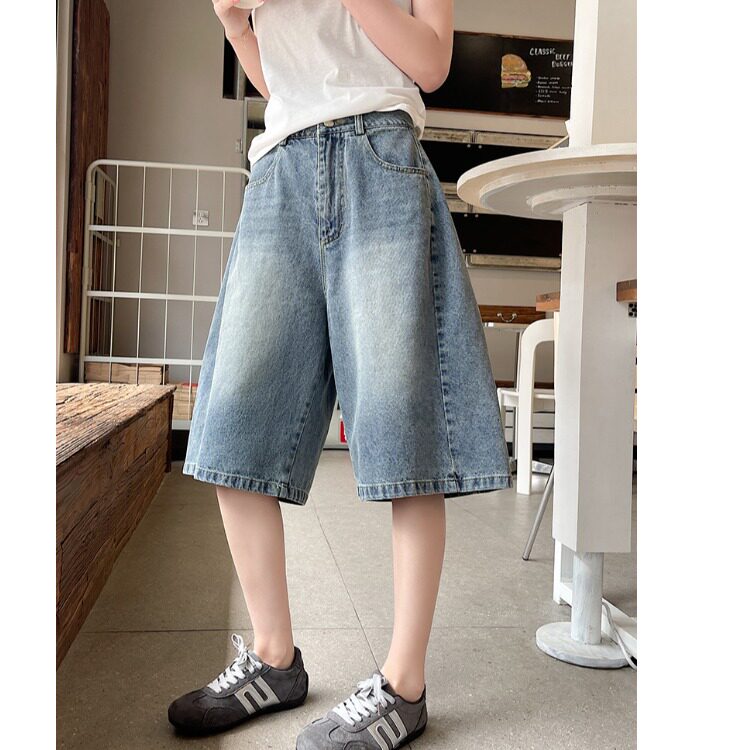 胖MM牛仔中裤美式复古阔腿大码休闲五分裤男女宽松直筒短裤26夏