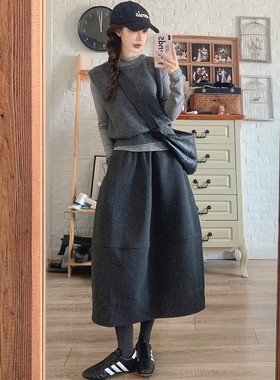 25新款大码女装灰色毛呢花苞半身裙梨型身材遮胯显瘦中长款a字裙