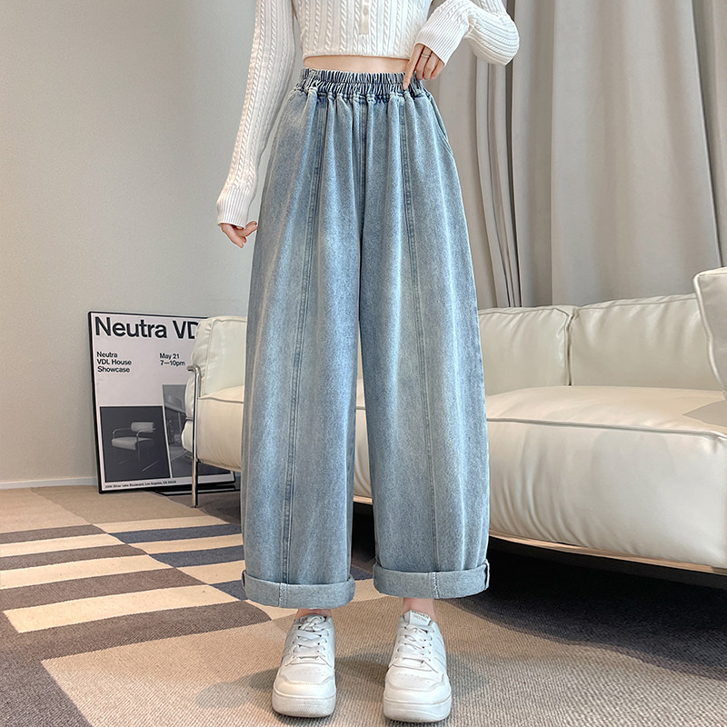 胖MM哈伦牛仔纯棉裤女2025萝卜显瘦宽松大码直筒浅蓝色九分老爹裤