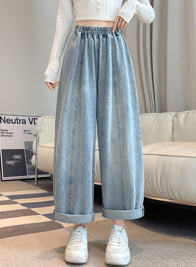 胖MM哈伦牛仔纯棉裤女2025萝卜显瘦宽松大码直筒浅蓝色九分老爹裤