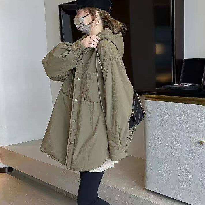 韩风chic2026秋冬新款中长款大码慵懒连帽轻薄口袋宽松棉服外套