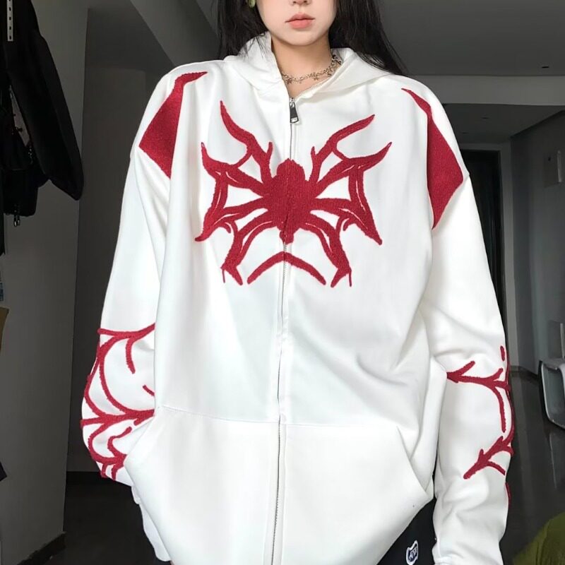 国潮牌美式街头蜘蛛侠连帽卫衣女春秋薄款宽松hiphop开衫拉链外套