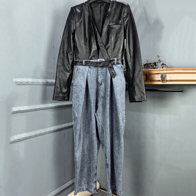 2026秋季新款真皮连体裤女绵羊皮拼接牛仔直筒裤时尚百搭欧洲站