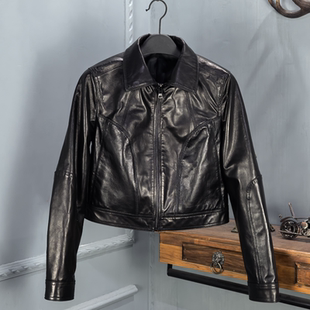 新款 外套2026春季 机车夹克修身 进口绵羊皮真皮翻领皮衣女短款