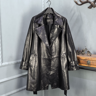 新款 韩版 皮衣女2026春季 领中长款 收腰系带显瘦风衣外套 真皮西装