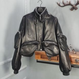 真皮立领绵羊皮羽绒服女绵羊皮工装风街头短款个性外套2025冬季