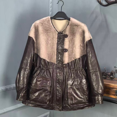 欧货2025冬季新款皮毛一体外套女圆领中长款收腰显瘦羽绒服