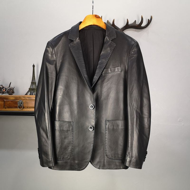 海宁秋冬西装领商务休闲真皮皮衣