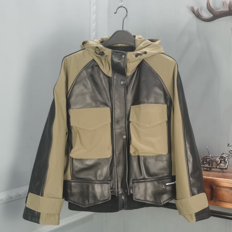 真皮连帽工装口袋皮衣女绵羊皮抽绳夹克上衣欧货2026春季新款
