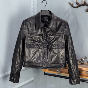 2025春季新款真皮皮衣女油蜡皮翻领短款机车夹克外套陈太太同款