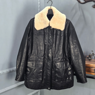 2026冬季新款真皮羽绒服女牛皮油蜡中长款羊羔毛领鹅绒外套
