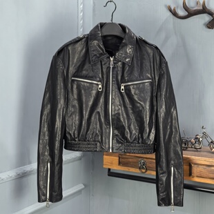 机车夹克复古外套 真皮方领牛皮油蜡皮衣女束腰短款 2026秋季 新款