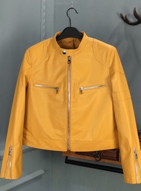 时尚减龄真皮皮衣女绵羊皮黄色立领短款皮夹克小个子机车外套