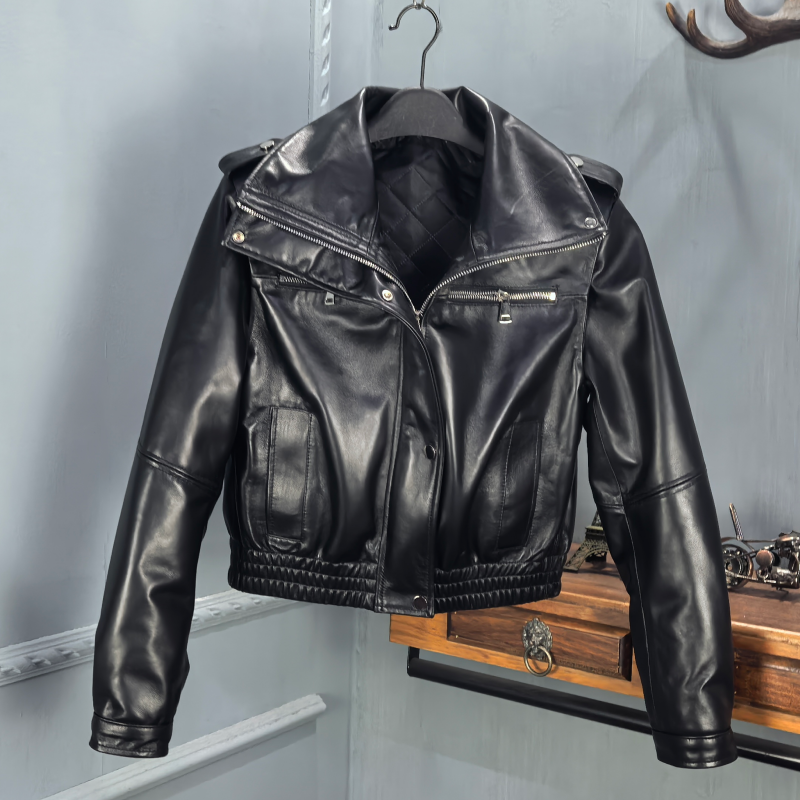 2025冬季新款翻领绵羊皮棉服女短款机车夹克保暖外套显瘦