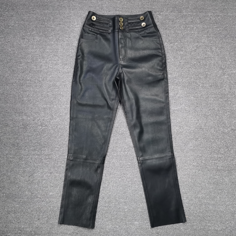真皮皮裤女2025秋季新款绵羊皮高腰休闲裤九分裤弹力铅笔裤显瘦