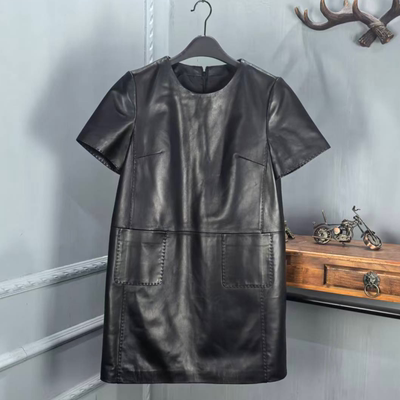 网红同款2025秋季新款真皮连衣裙女圆领泡泡袖绵羊皮皮裙宽松