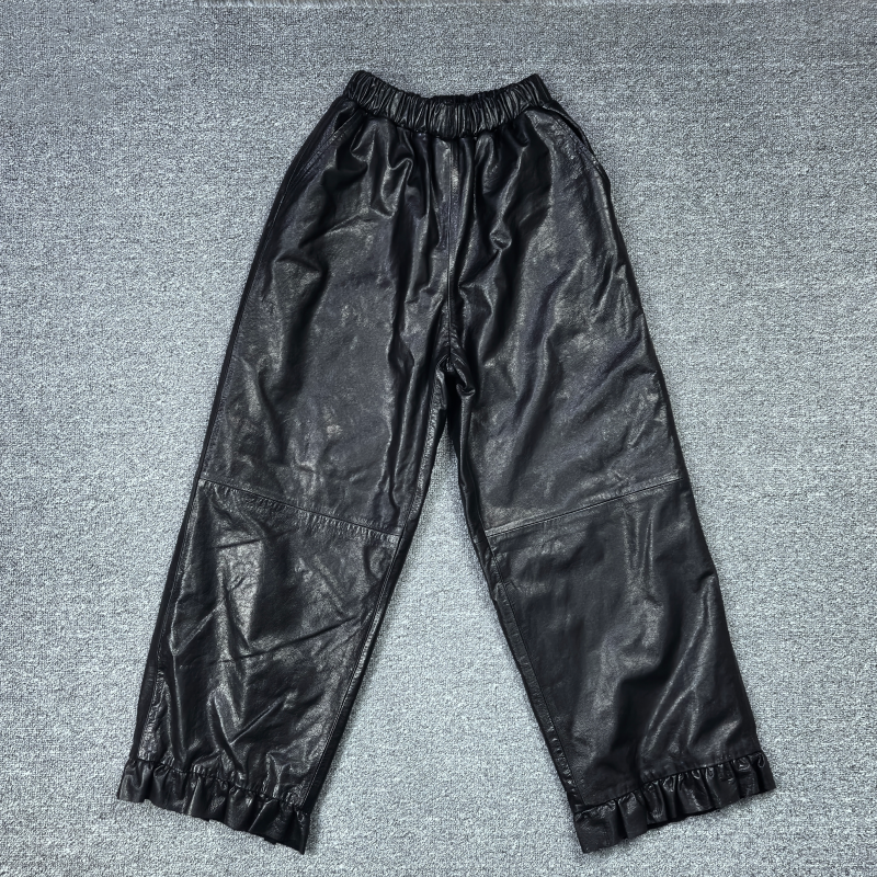 2025秋冬新款真皮皮裤女松紧腰牛皮油蜡木耳边显瘦直筒裤九分裤