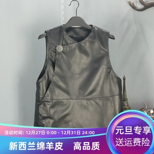 坎肩 绵羊皮一粒扣半开领盘扣中国风马夹无袖 真皮皮衣女秋季 新款