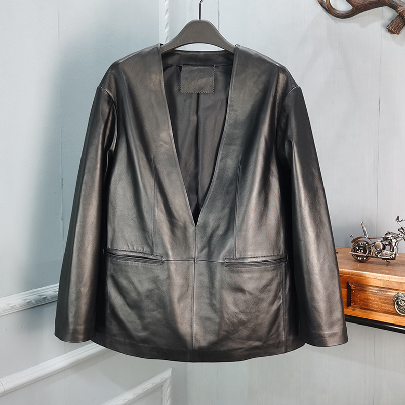 高品质宽松显瘦大V领真皮皮衣