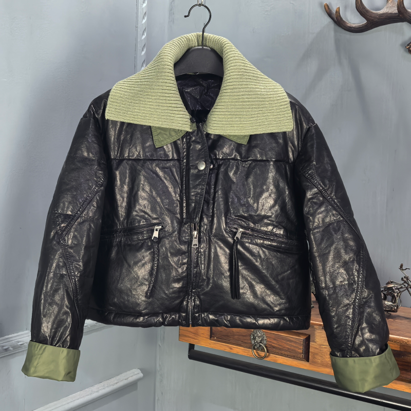 2025冬季新款真皮牛皮油蜡羽绒服女针织翻领短款鹅绒外套时尚