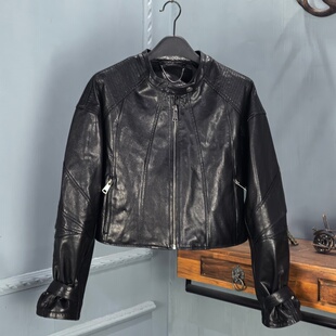 欧货2026春季新款真皮皮衣女圆领植鞣绵羊皮机车夹克宽松短款外套