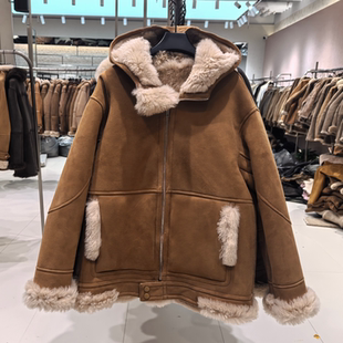2026冬季 皮毛一体绒面连帽中长款 时尚 高级感宽松皮草外套女 新款