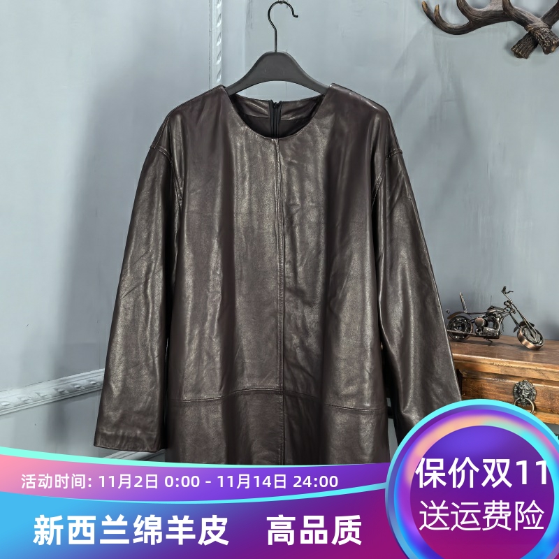 2025秋季新款真皮圆领绵羊皮皮衣女休闲宽松连衣裙显瘦百搭