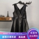 海宁春季 皮裙高腰大摆 绵羊皮V领背带中长款 新款 真皮连衣裙女无袖