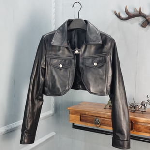 超短外套欧货秋季 绵羊皮方领一粒扣长袖 洋气机车真皮女 时尚