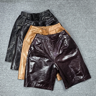 女松紧腰绵羊皮高腰休闲五分裤 欧货2026秋季 新款 真皮皮裤 显瘦中裤