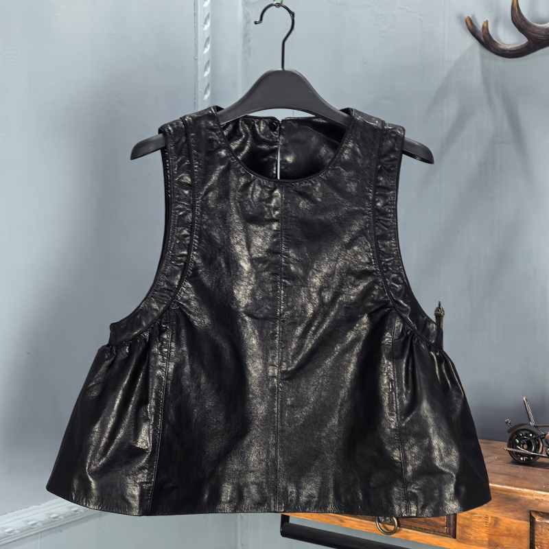 2026春季新款真皮马夹圆领宽松无袖短款女背心绵羊皮A版减龄上衣
