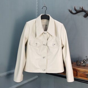 早秋新款白色绵羊皮女个性休闲短外套娃娃领真皮皮衣短夹克