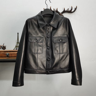 欧洲站2026秋新款真皮皮衣女绵羊皮短款方领休闲皮夹克单排扣外套