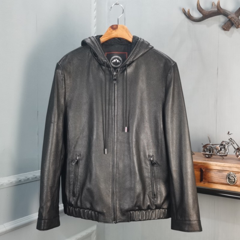 欧品唯格商务休闲连帽真皮皮衣