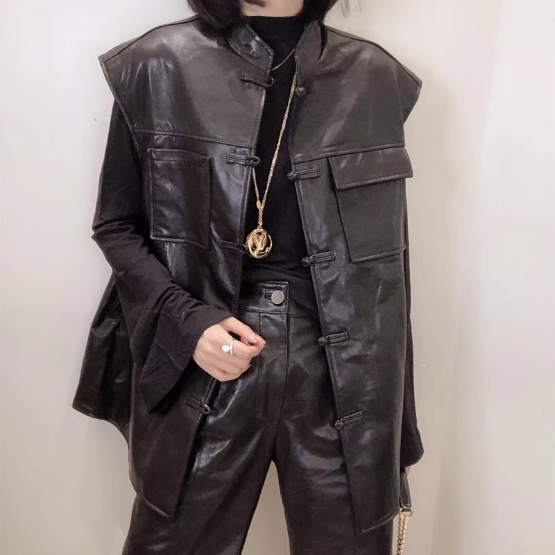 2025秋季新款欧货爆款真皮马夹女中长款无袖外套 绵羊皮唐装复古