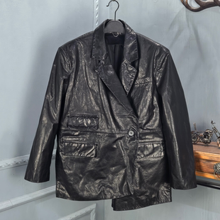 西服外套不规则宽松高级感 牛皮油蜡皮衣女中长款 2026春季 新款