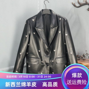 外套 领绵羊皮两粒扣重工爱心铆钉中长款 欧洲站新款 真皮皮衣女西装