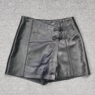 2025秋季新款真皮皮裤女高腰绵羊皮盘扣国风A字阔腿裤短款裙裤