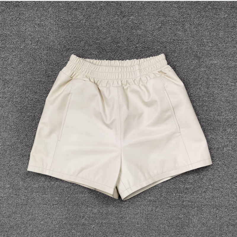 2024春季真皮短裤女白色松紧腰阔腿裤靴裤休闲裤绵羊皮休闲百搭