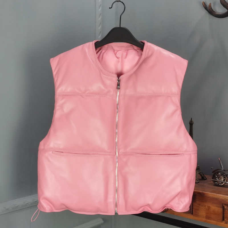 真皮圆领绵羊皮马夹女宽松休闲保暖羽绒马甲纯皮背心2025秋季