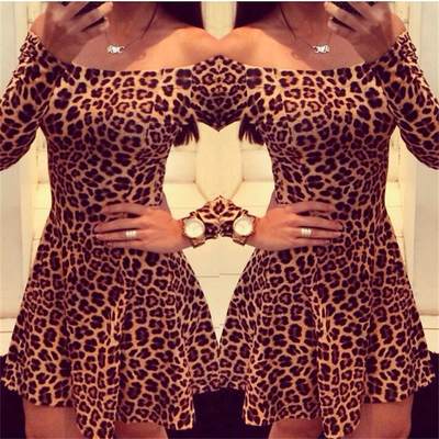 Club Dress Leopard Long Sleeve Mini Women Dress露肩百褶裙