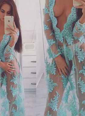 0331 Lake Water Blue Perspective Sexy Deep V Long Dress